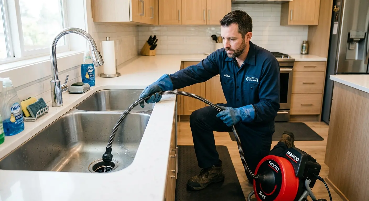 Drain cleaning technician using a motorized snake on a kitchen sink in Annville