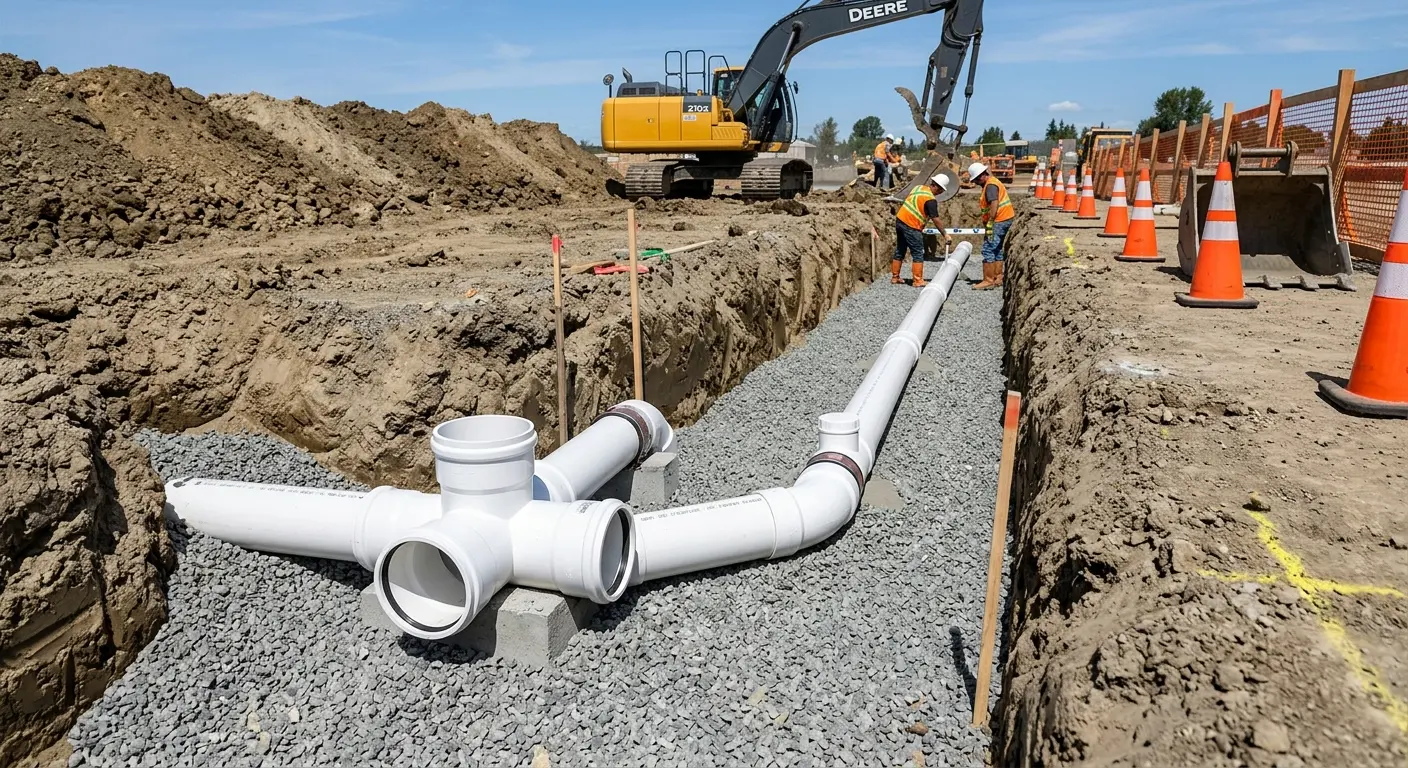 New PVC sewer pipe installation in open trench for Sewer Backup in Annville