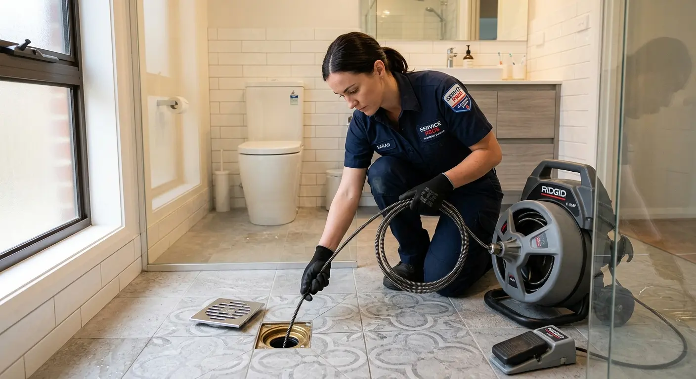 Technician clearing a bathroom floor drain for Hydro Jetting in Annville